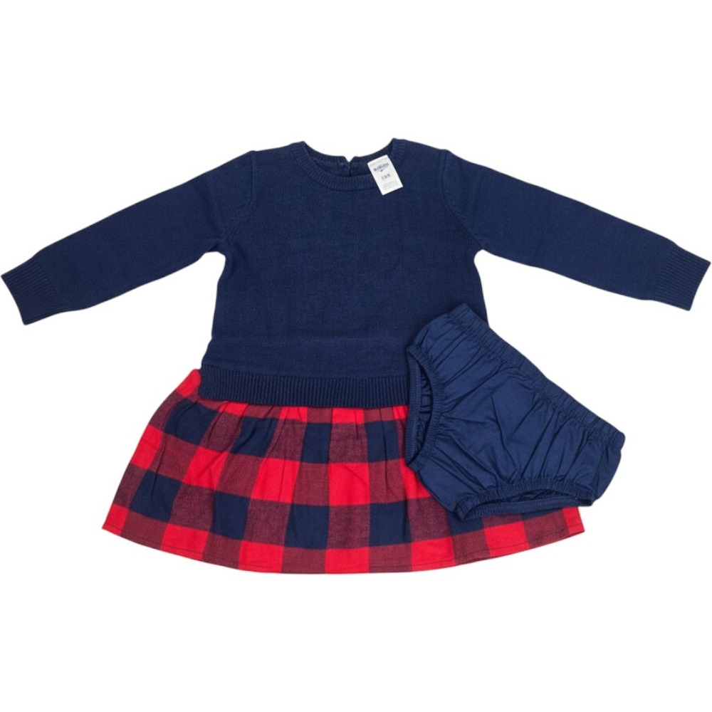 OshKosh Bgosh Baby Girls Navy Red Buffalo Plaid Sweater Dress Set 12M NWT